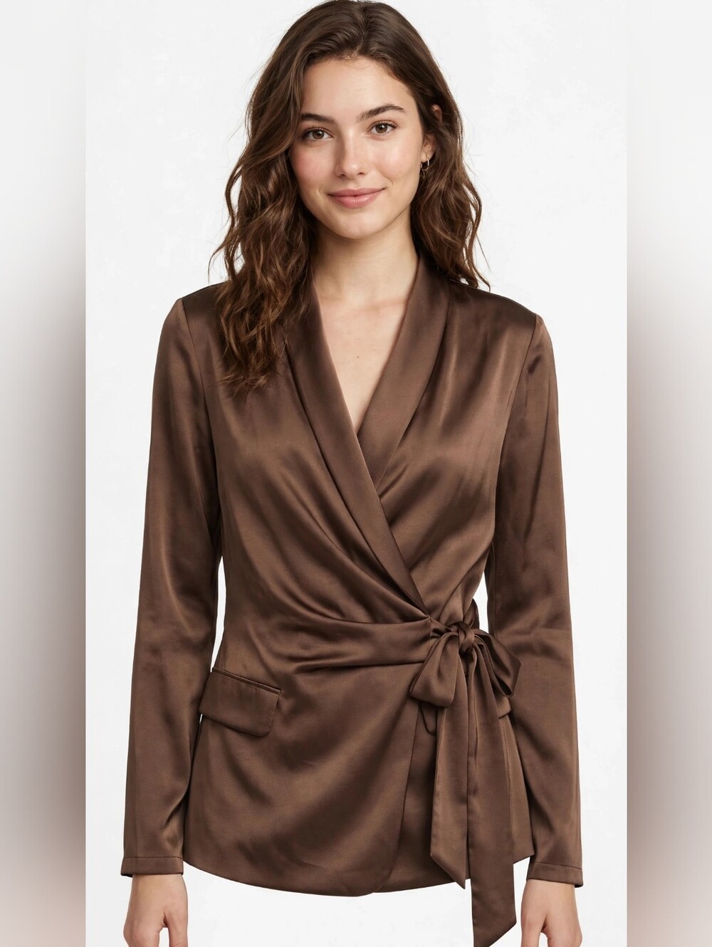 DO+BE Chocolate Satin Wrap Blouse
